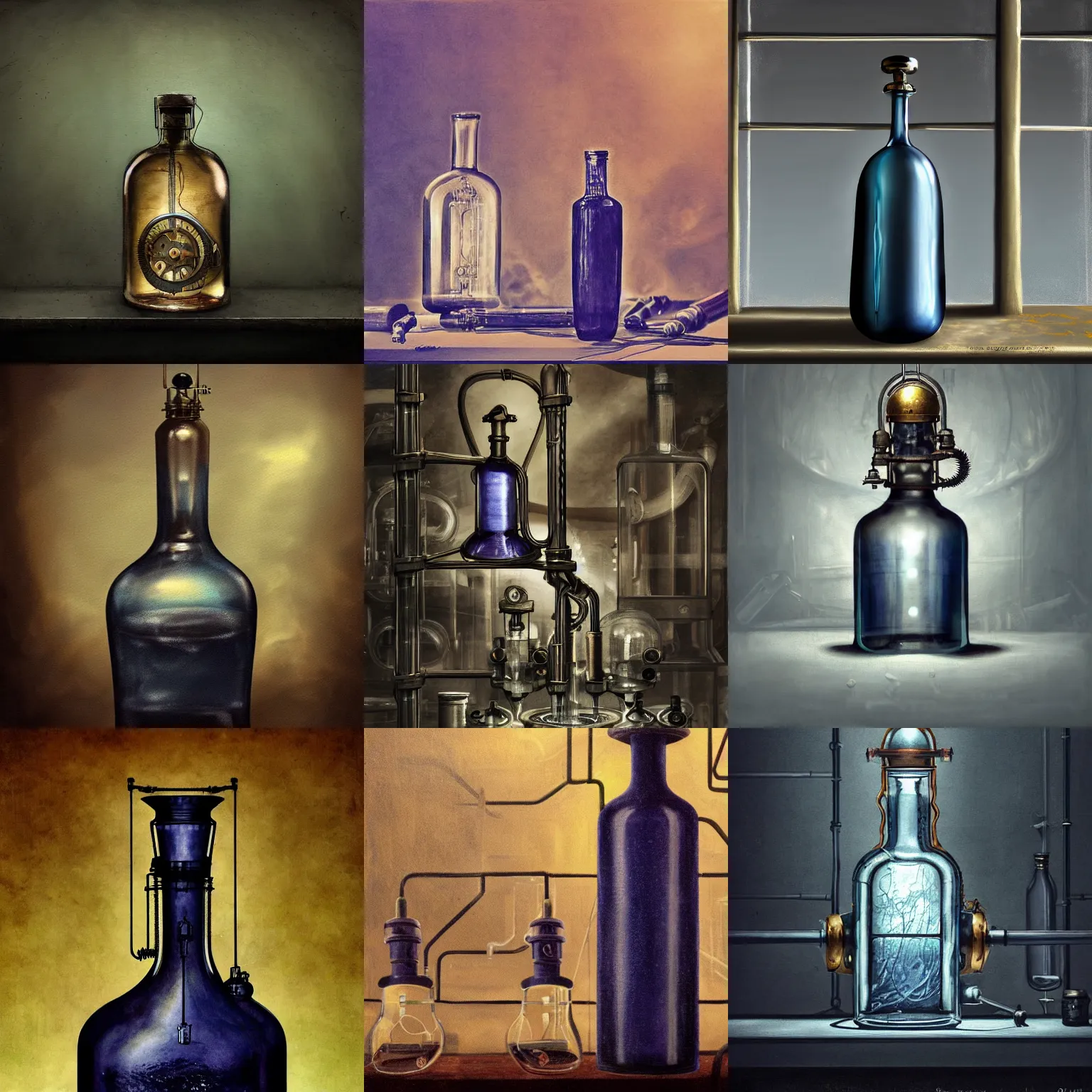 Prompt: a painting of a steampunk navy potion bottle in a dark dusty vintage science lab, by h. r. giger, hyperrealistic fantasy art, concept matte, ethereal, dreamy, digital art, trending on artstation, volumetric cinematic lighting