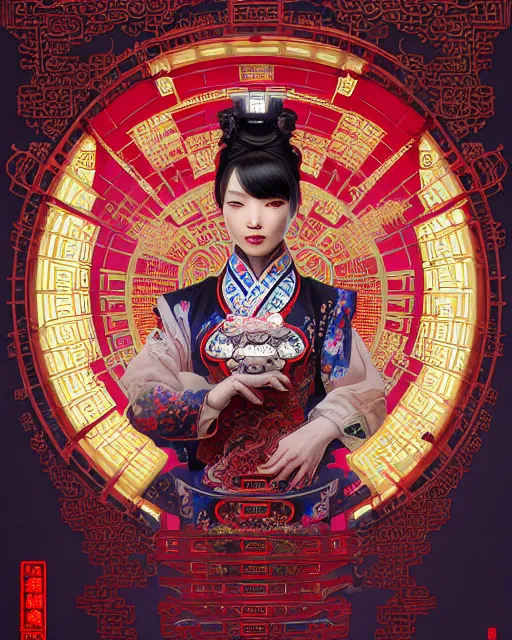 Image similar to portrait of a chinese cyberpunk machine, machine face, upper half portrait, decorated with chinese opera motifs, regal, asian, fine china, wuxia, traditional chinese art intricate intense elegant 京 剧 highly detailed digital painting artstation concept art smooth sharp focus illustration, art by artgerm and greg rutkowski alphonse mucha 8 k