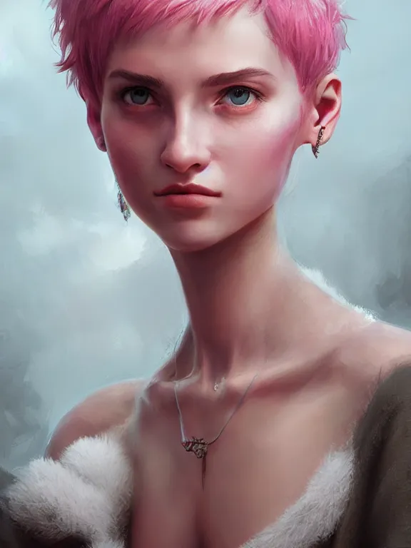 Prompt: beautiful russian girl with short pink hair and nose piercing, thin round earrings, winds of winter, au naturel, hyper detailed, digital art, trending in artstation, cinematic lighting, studio quality, smooth render, octane rendered, concept art, sharp focus, illustration, art by artgerm and greg rutkowski and wlop