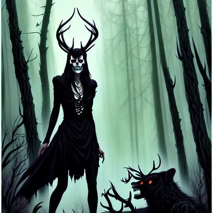 Image similar to style artgerm, joshua middleton, diego fazio, gerald brom, scary wendigo with antlers and skull face mixed with werewolf, beautiful witch wearing a black dress on the right side, in the forest, detailed, dark and foggy, cinematic lighting