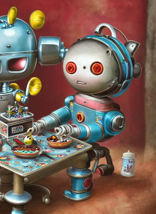 Image similar to highly detailed closeup portrait of a cute tin toy retro robot eating cakes, nicoletta ceccoli, mark ryden, lostfish, earl nore, hyung tae, frank frazetta, global illumination, god rays, detailed and intricate environment