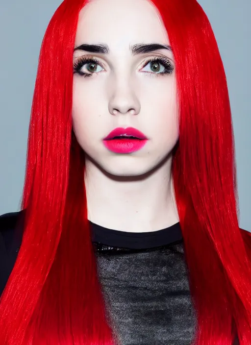 Image similar to ava max bright red hair photographed by charlotte rutherford, canon, highly realistic. high resolution. highly detailed. dramatic. 8 k. 4 k.