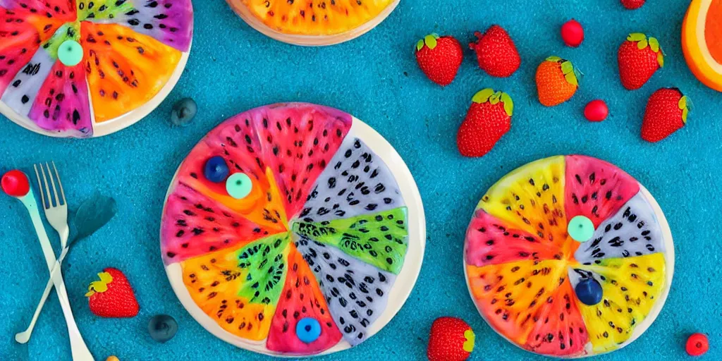 Prompt: many colorful pins and needles sticking out of a colorful fruit tarte on a beautiful ceramic plate