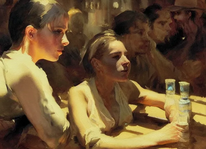 Image similar to oil watercolor painting of young rugged woman in western bar, shaven stubble, short hair, mysterious light, art by anders zorn, wonderful masterpiece by greg rutkowski, beautiful cinematic light, american romanticism by greg manchess, creation by tyler edlin