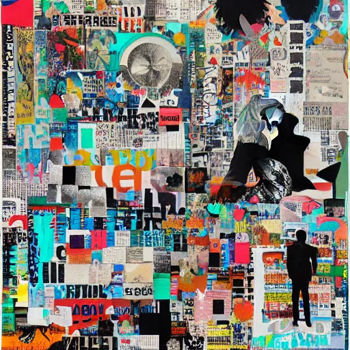 Image similar to collage made of magazine cutouts, large silhouettes, ocean theme, love theme, dramatic typography, museum of modern art, museum of contemporary art, auction, record - setting, detailed, photorealistic