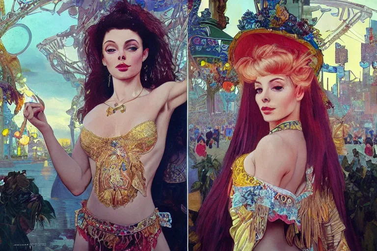 Image similar to a beautiful realistic painting of ( ( isabelledeltore ) ) in the 1 9 8 0 s carnival in the city of sydney, australia intricate, elegant, highly detailed, digital painting, artstation, concept art, by krenz cushart and artem demura and alphonse mucha