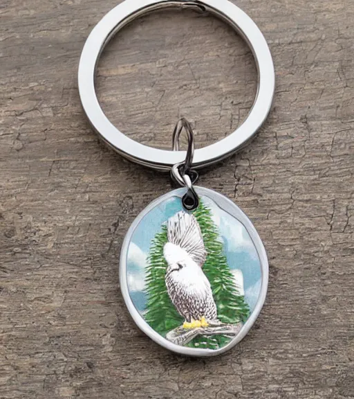 Image similar to realistic keychain of 'an eagle in the nest of a snowy pine tree'