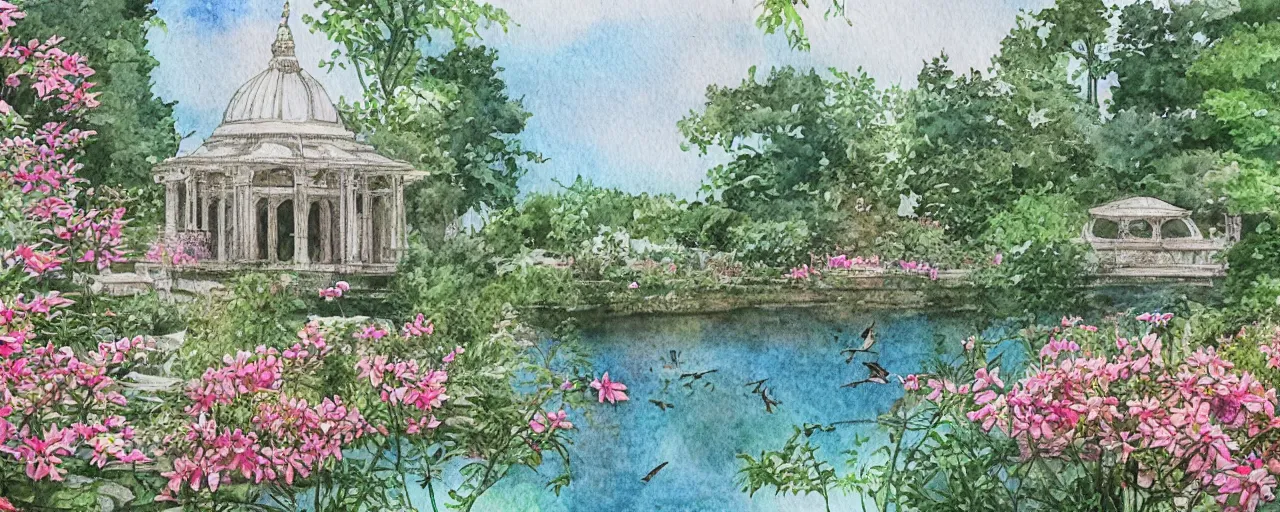 Prompt: isomeric view, delicate lake in a botanic garden, garden road, sparrows, temple in a botanical herbarium paper, watercolor colored painting, iridescent colors, 8 k, realistic shaded, fine details, artstation, italian style, colonnade, flowers, huge architecture