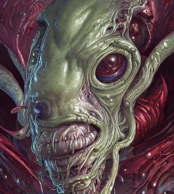 Image similar to portrait of a bloodied ornate filigreed slime dripping genderless insect alien monster, muscles, rippling, space warping and twisting, ultra realistic, concept art, intricate details, eerie, highly detailed, photorealistic, octane render, 8 k, unreal engine. art by artgerm and greg rutkowski and alphonse mucha