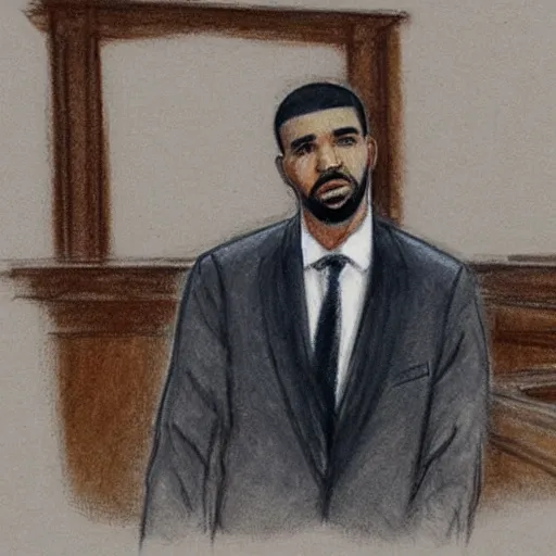 Prompt: courtroom sketch of drake