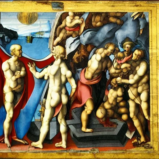 Image similar to An extraterrestrial being invited to the papal court in 1512. Painting by Michelangelo