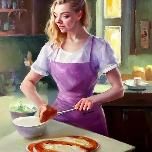 Prompt: Natalie Dormer making breakfast for her husband painting by Vladimir Volegov