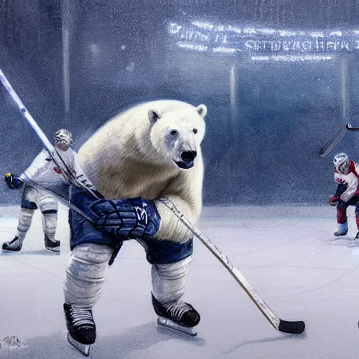 Image similar to polar bear playing hockey at stanley cup, intricate, sharp focus, illustration, highly detailed, digital painting, concept art, matte, art by ruan jia and wlop and greg rutkowski, masterpiece