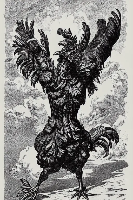 Prompt: 19th century wood-engraving of a confident muscular rooster headed man surrounded by flames, whole page illustration from Jules Verne book titled Stardust Crusaders, art by Édouard Riou Jules Férat and Henri de Montaut, high quality, beautiful, highly detailed, removed watermarks