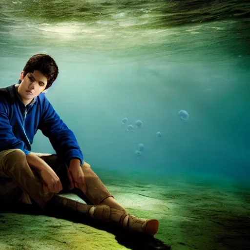 Prompt: a 70mm photograph of percy jackson, sitting and contemplating underwater