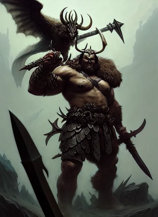 Prompt: a barbarian male horned darkin with a huge sword and wings, dim light, front game card, marvel comics, dark, intricate, highly detailed, smooth, artstation, digital illustration by ruan jia and mandy jurgens and artgerm and wayne barlowe and greg rutkowski and zdislav beksinski