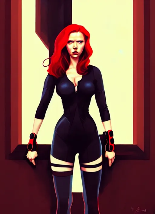 Image similar to peter mohrbacher, phil noto, artgerm, pretty scarlett johansson black widow, symmetrical eyes, long red hair, full body, city rooftop