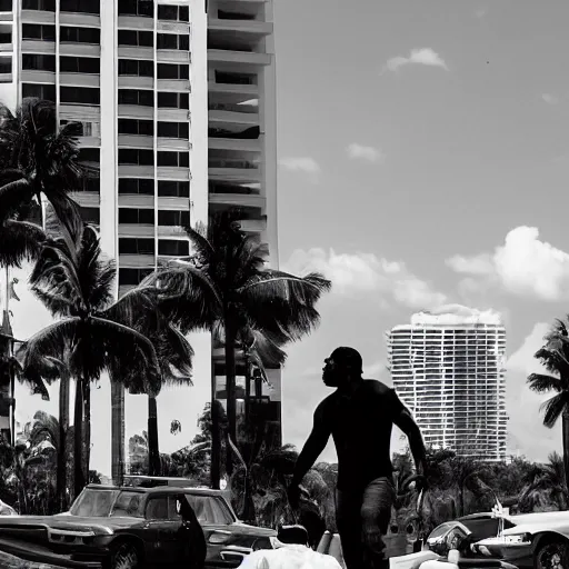 Image similar to Miami being invaded by gigantic fat Zac Efron, black and white picture, realistic, people screaming