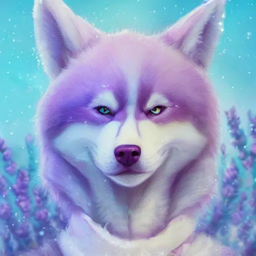 Image similar to aesthetic portrait commission of a furry husky with lavender and pastel pink colored cozy soft pastel winter outfit, short depth of field close up shot hyper-detailed, soft snowy winter Atmosphere. Character design by charlie bowater, ross tran, artgerm, and makoto shinkai, detailed, inked, western comic book art, 2021 award winning painting