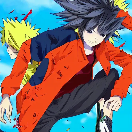 Image similar to orange - haired anime boy, 1 7 - year - old anime boy with wild spiky hair, wearing red jacket, running past colorful building, red - yellow - blue colored building, turquoise aquamarine windows, strong lighting, strong shadows, vivid hues, ultra - realistic, sharp details, subsurface scattering, intricate details, hd anime, 2 0 1 9 anime