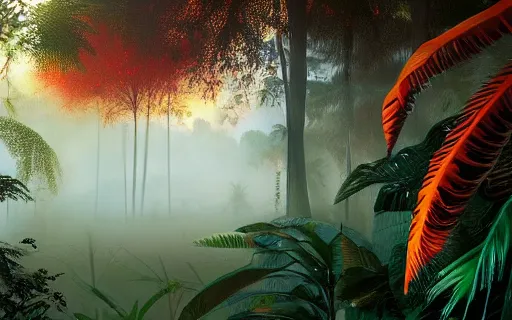 Image similar to a beautiful landscape of a foggy jungle, red and orange color scheme, hyperdetailed, vivid colors, photorealist, 4 k