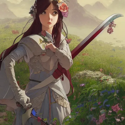 Image similar to the knight and the sword of rose petal, anime, castle core, mountains, rocky roads. by hayao miyazaki and rossdraws and artgerm and greg rutkowski and alphonse mucha and studio ghibli and ilya kuvshinov. high quality, stunning, intricate detailed environment. 8 k