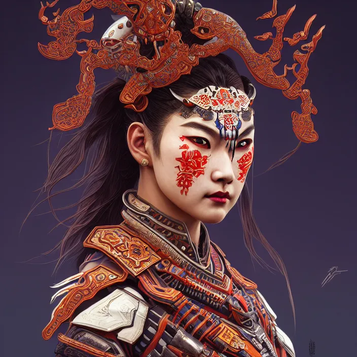 Image similar to symmetry! portrait of a hybrid angry warrior, face decorated with chinese opera motifs, leds horizon zero dawn machine, intricate, elegant, highly detailed, digital painting, artstation, concept art, smooth, sharp focus, illustration, art by artgerm and greg rutkowski and alphonse mucha, 8 k