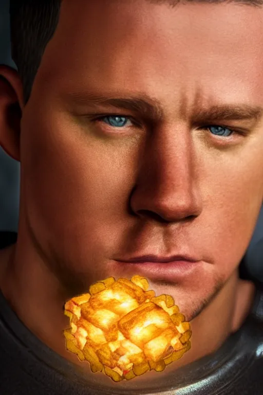 Prompt: a head shot of channing tatum as half human and a tater tot on a plate, tater tot face, ef 8 5 mm f 1. 8 usm, bionic scifi alexandre ferra, hyper detailed, digital art, trending in artstation, cinematic lighting, studio quality, smooth render, unreal engine 5 rendered, octane rendered