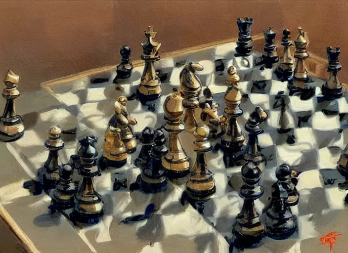 Prompt: a highly detailed beautiful painting of chess played by monkeys, by gregory manchess, james gurney, james jean