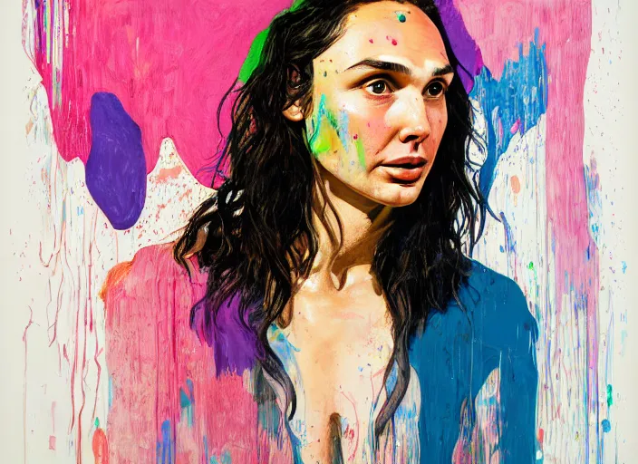 Prompt: portrait of gal gadot crying, by vincent lefevre and hernan bas and pat steir and hilma af klint, psychological, photorealistic, dripping paint, washy brush, rendered in octane, altermodern, masterpiece