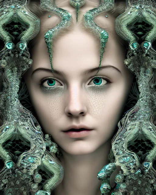 Prompt: surreal mythical dreamy underwater artistic bw fine art photo of a beautiful young female angelic - medusa - cyborg covered with fish scales and algae, highly detailed, intricate crystal ivy jelly fish scales ornate, poetic, octane render, 8 k, photo - realistic