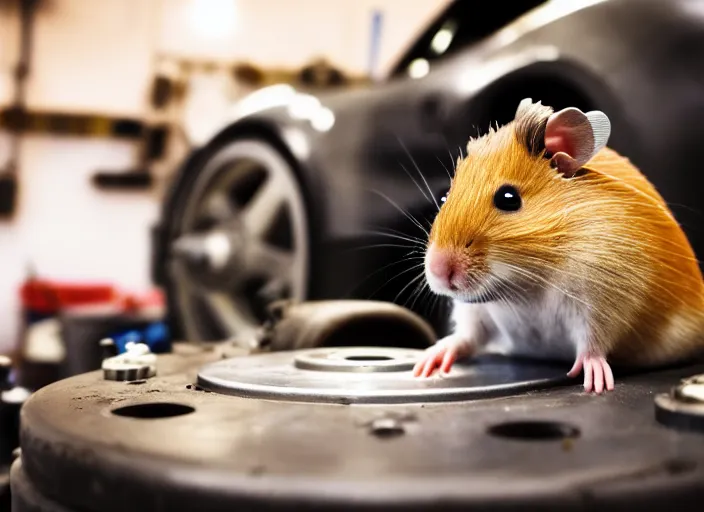 Image similar to film still of a hamster working as a mechanic in an auto shop, 8 k