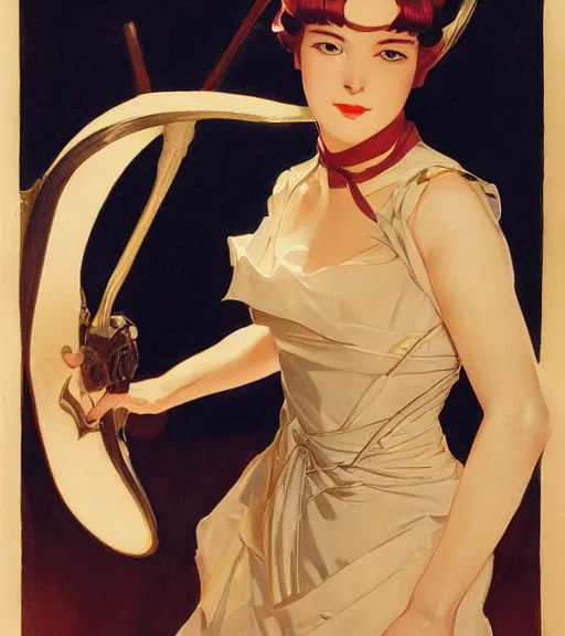 Image similar to j. c. leyendecker painting of an anime woman, direct flash photography at night, film grain