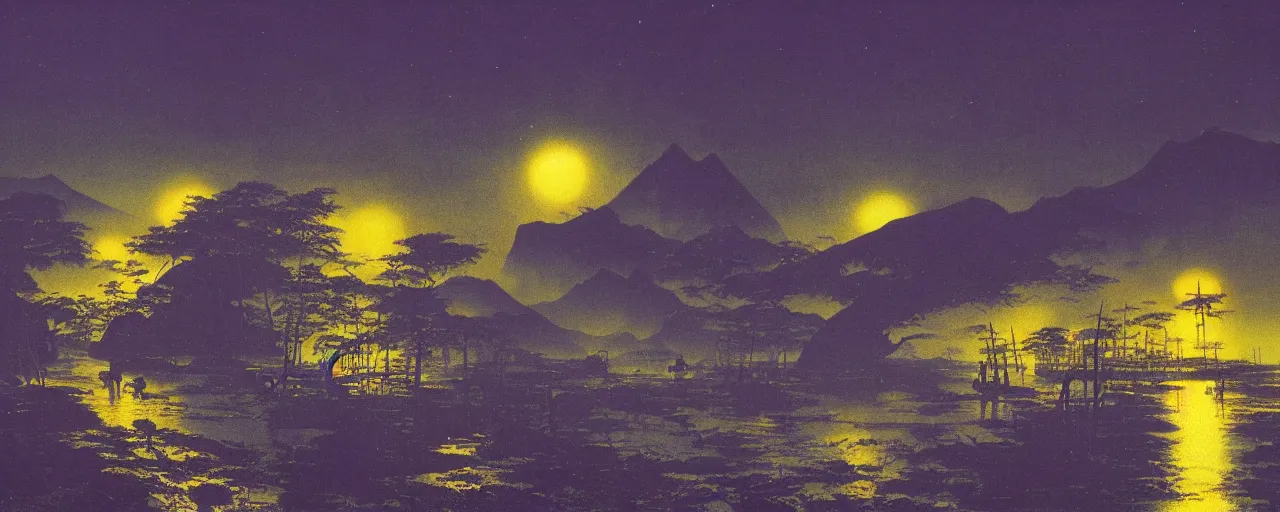 Image similar to awe inspiring bruce pennington landscape, digital art painting of 1 9 6 0 s, japan at night, 4 k, matte, blue and yellow, old