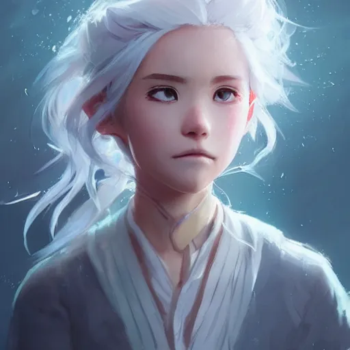 Image similar to girl sorcerer with white hair in a messy hairbun. cgsociety masterpiece, artstation trending, by rossdraws, ghibli, kimi no na wa, greg rutkowski, simon stalberg, greg manchess