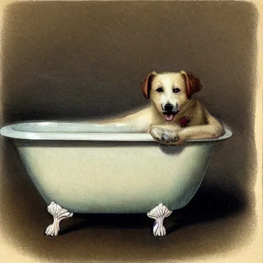 Prompt: ( ( ( ( ( cute dog inside a bathtub. muted colors. ) ) ) ) ) by jean - baptiste monge!!!!!!!!!!!!!!!!!!!!!!!!!!!