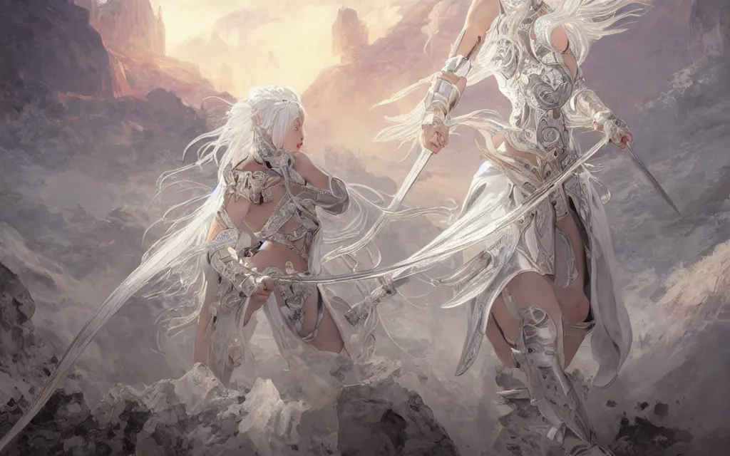 Image similar to white hair knights of zodiac girl, sliver ice color reflected armor, bushido fighting in ruined agora of athens sunrise, ssci - fi and fantasy, intricate and very very beautiful and elegant, highly detailed, digital painting, artstation, concept art, smooth and sharp focus, illustration, art by tian zi and wlop and alphonse mucha