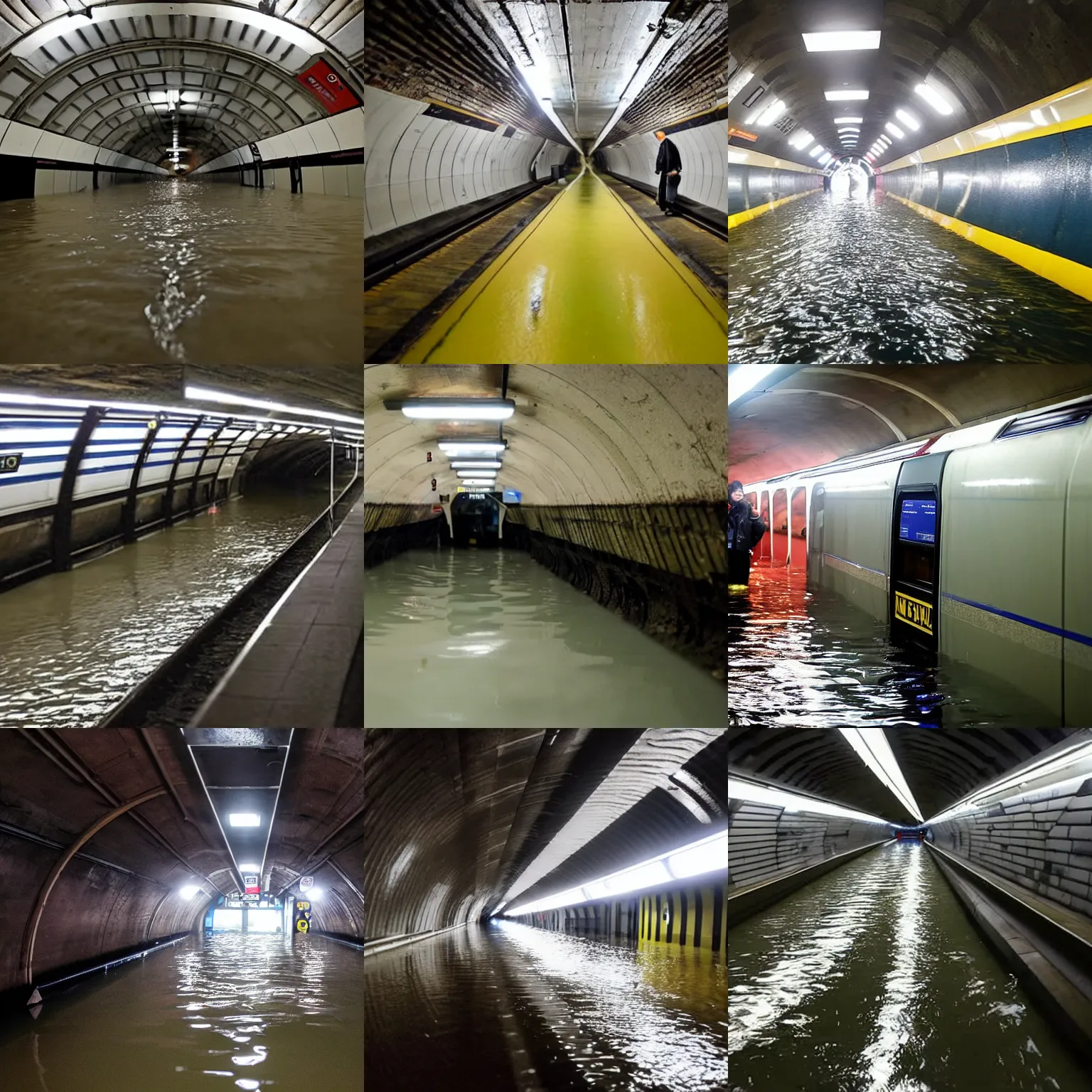 Prompt: a storm surge in a flooded london underground tube tunnel