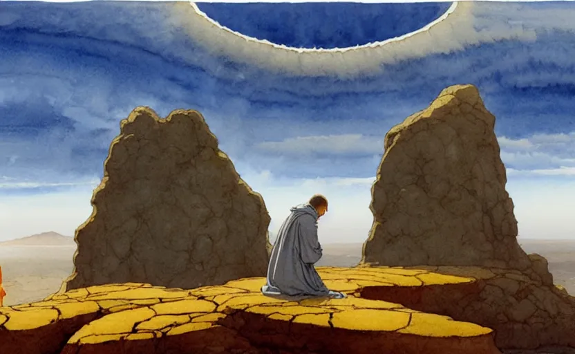 Image similar to a hyperrealist watercolour concept art of a large rock formation dimensional portal in the sky. a medieval monk in grey robes is kneeling in prayer below it on a desert road. by rebecca guay, michael kaluta, charles vess and jean moebius giraud. high detail, hq, wide shot