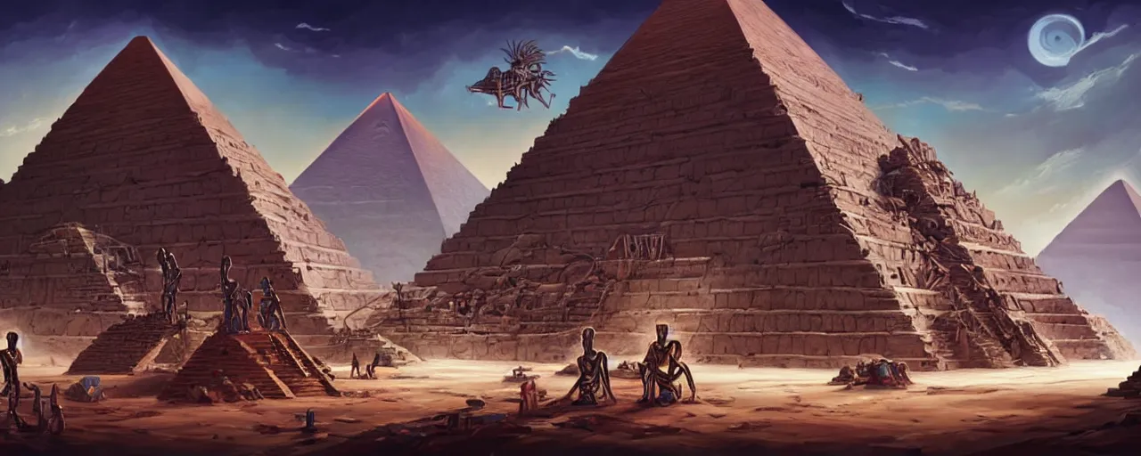 Image similar to an intricate concept art of alien slaves building the egyptian pyramid, concept art, style by dylan cole and tyler edlin and feng zhu, cinematic