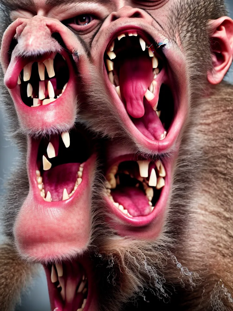 Prompt: a formal portrait photograph of a screaming man transforming into a hairless baboon