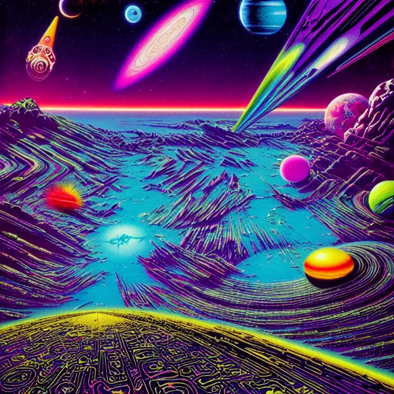 Image similar to edge of interstellar space, synthwave, bright neon colors, highly detailed, cinematic, tim white, philippe druillet, roger dean, aubrey beardsley, ernst haeckel, lisa frank, vladimir kush, kubrick, isono