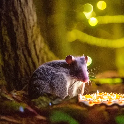 Image similar to photo of opossum birthday party in the forest at night