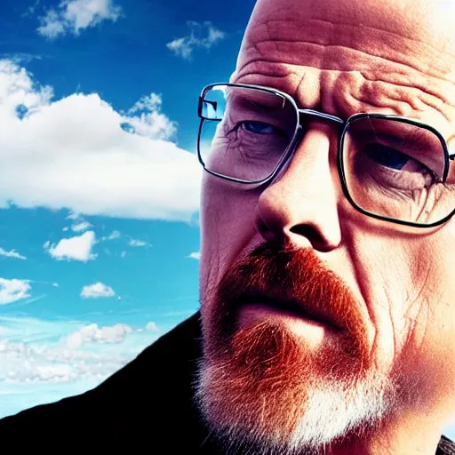 Image similar to photo of heisenberg looking at the sky, from behind, the clouds of the sky are replaced with blue meth