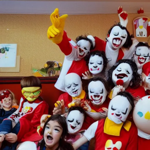 Image similar to ronald mcdonald violently invading a childrens' sleepover