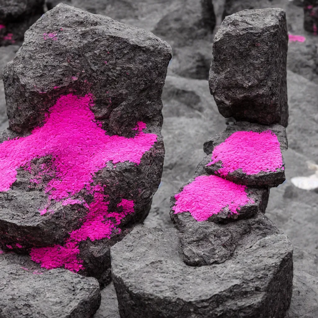 Prompt: Basalt computer covered in pink moss on a museum gallery pedestal, 8K, National Geographic