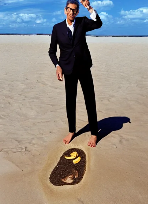 Image similar to jeff goldblum with a finger in a banana on the sand of a beach