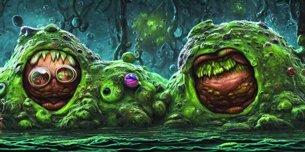 Prompt: of an intricate murky microscopic swamp with strange cute pudgy creatures with huge eyes, long tongue and big nose appearing from the waters, in the style of jeff koons, macro lens, shallow depth of field, highly detailed, digital painting, trending artstation, concept art, illustration, cinematic lighting, vibrant colors, photorealism, epic, octane render