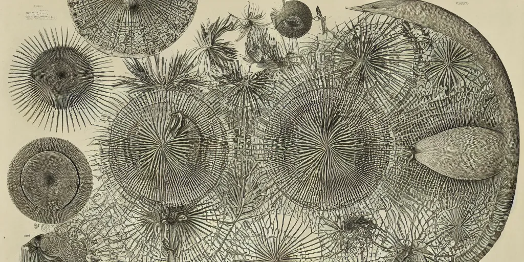 Image similar to Artwork by Ernst Haeckel of the cinematic view of a giant diatom forest.