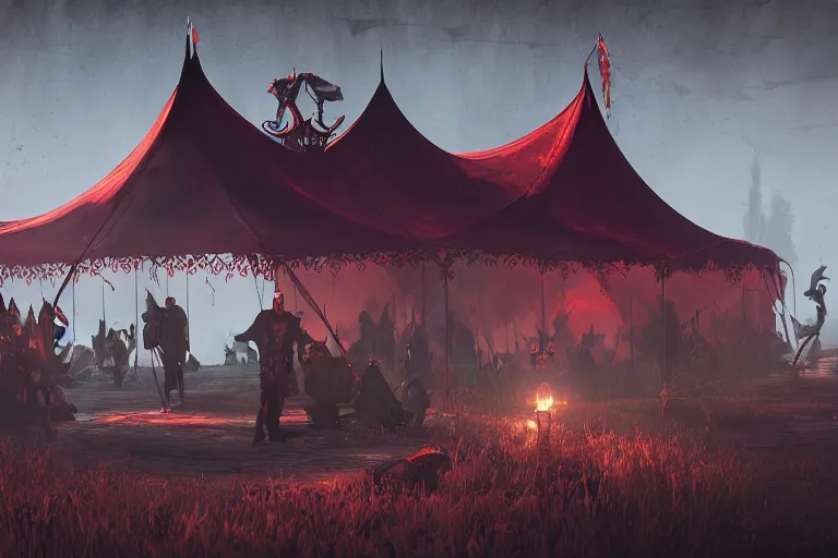 Image similar to render of a dark fantasy gothic circus tent, artstaton, League of Legends, red dead redemption2, overwatch, digital illustration